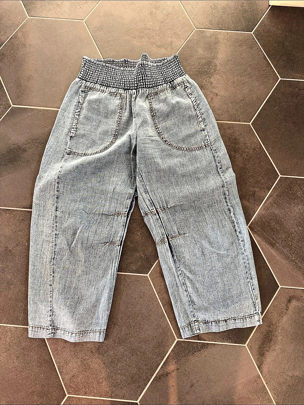 Pilcro Reese Smocked Pull on Barrel Jeans in Cross weave cotton